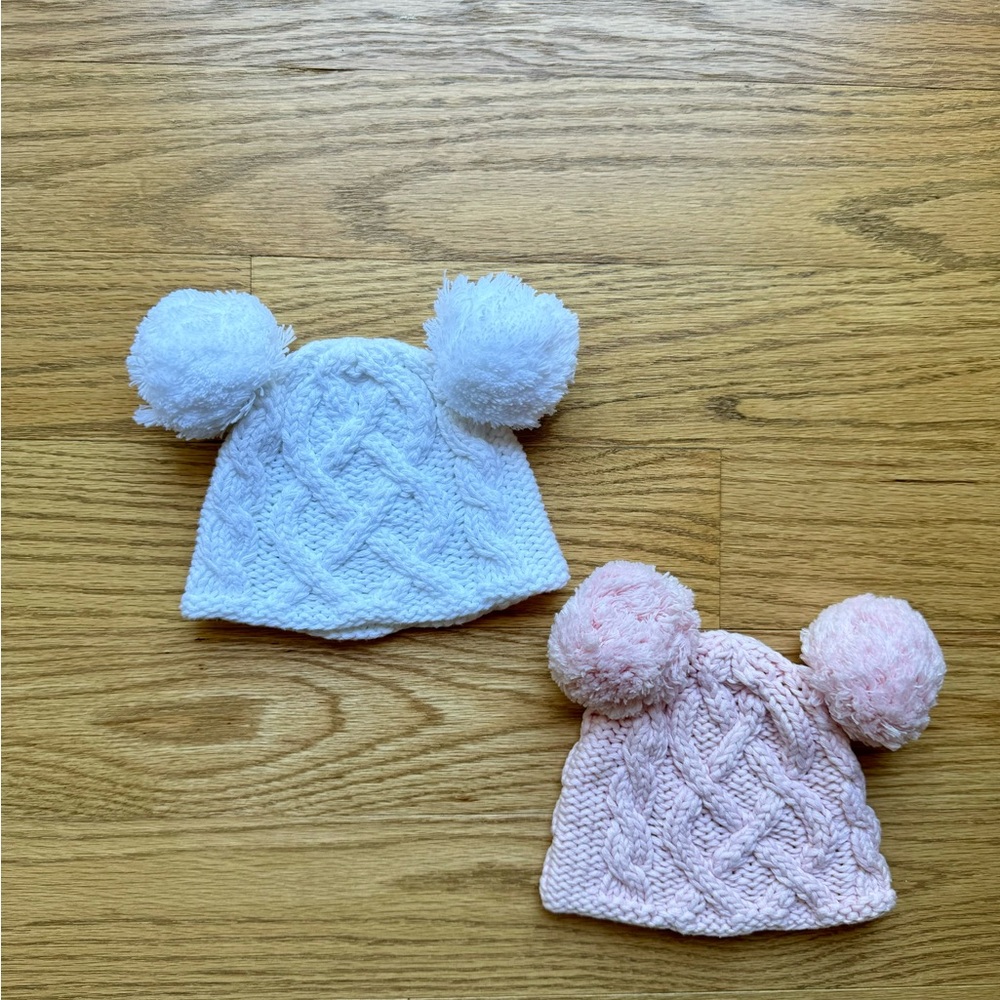 Spearmint love cotton cable knit Pom poms hats set of two